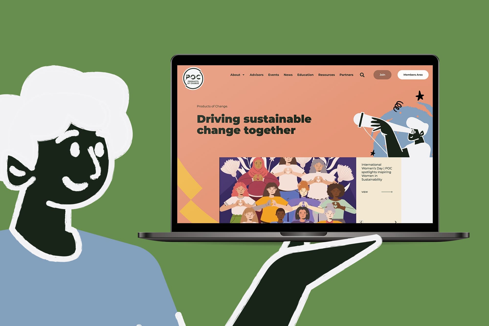 A graphic of a person holding a laptop in their palm. The laptop screen displays the Products of Change website.