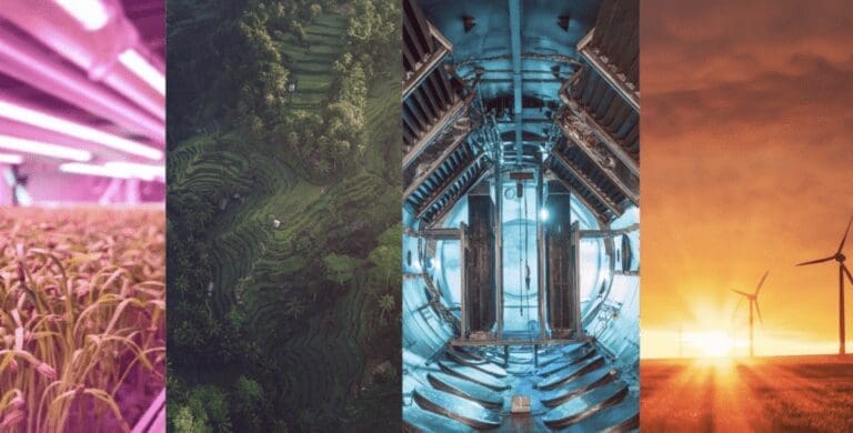 Four spliced images depicted the future of industry and farming in purple, green, blue, and orange.