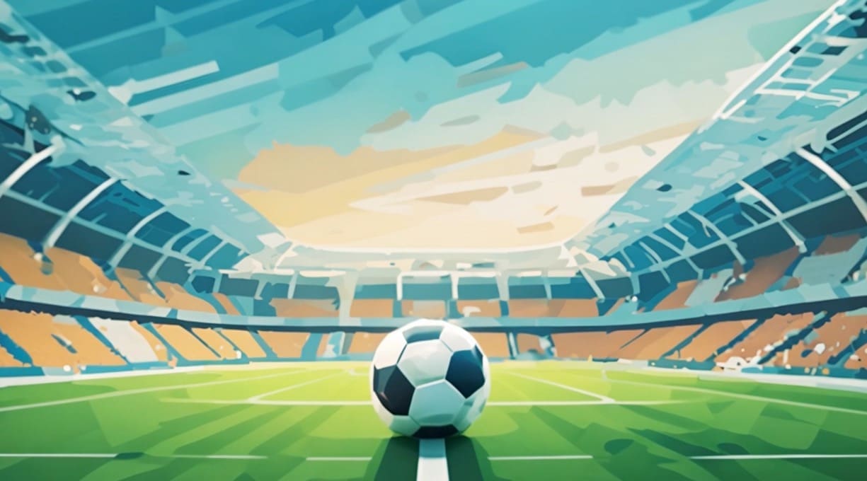 Illustration of a football resting on a football pitch with a view of a large football stadium before it.