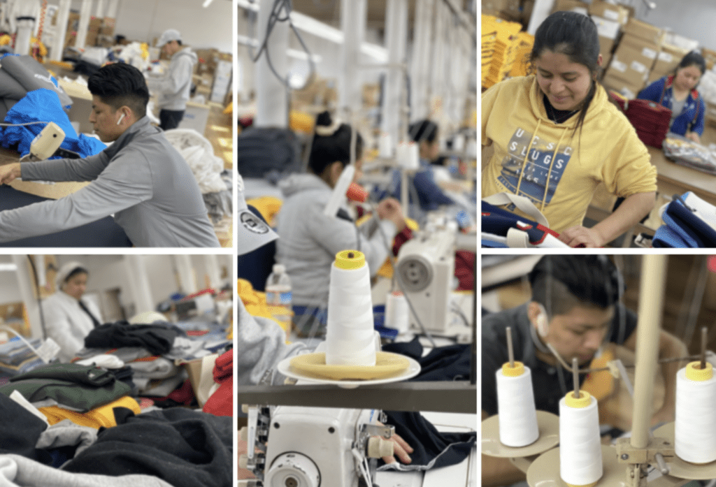 collage of images of skilled workers creating upcycled apparel at Refried's US factory