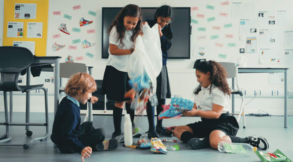schoolchildren counting plastic waste in their classroom