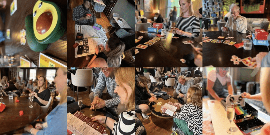 collage off pics of people enjoying board games and socialising at The Century Club in London.