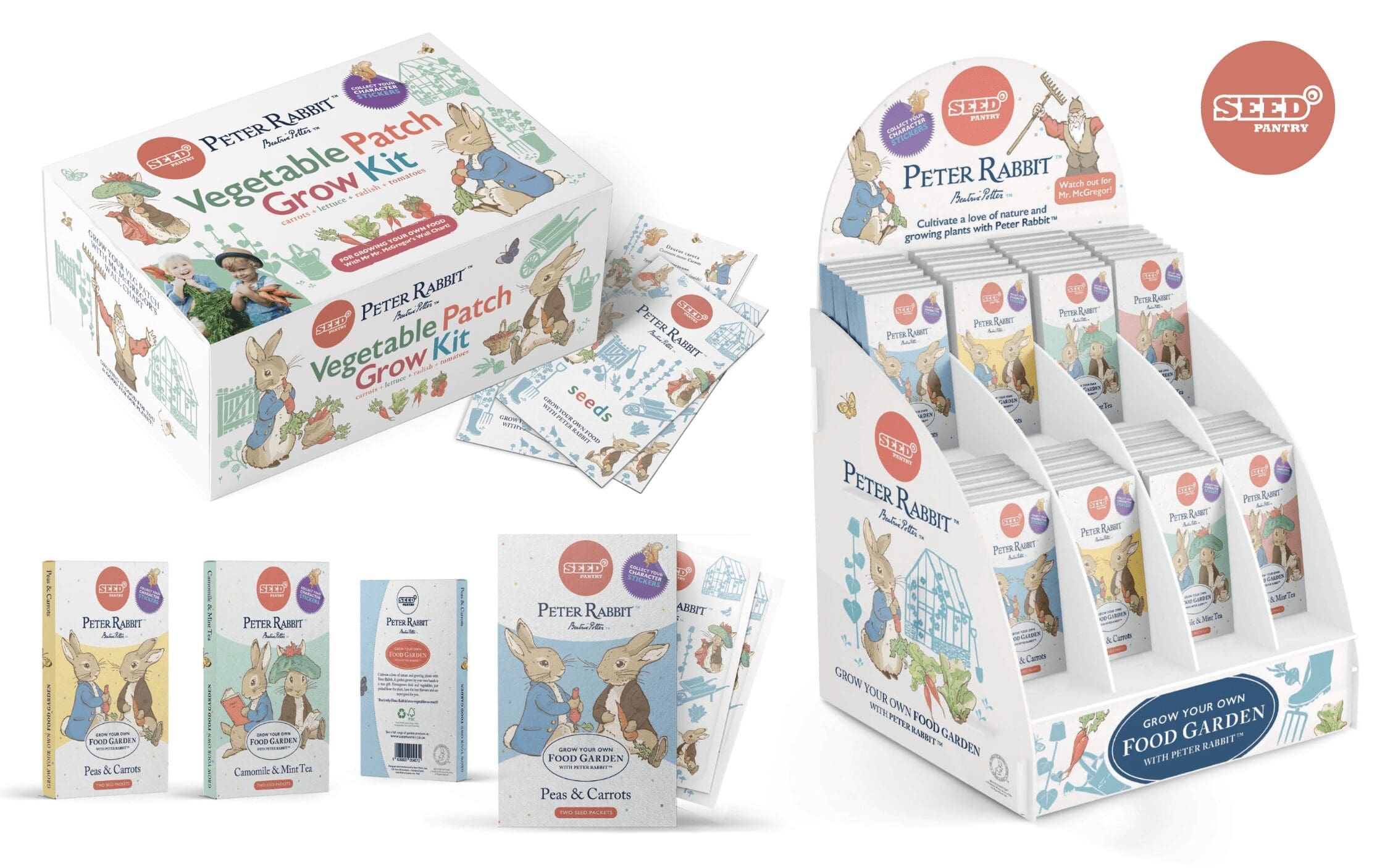 Collection of Peter Rabbit themed Seed Pantry products.