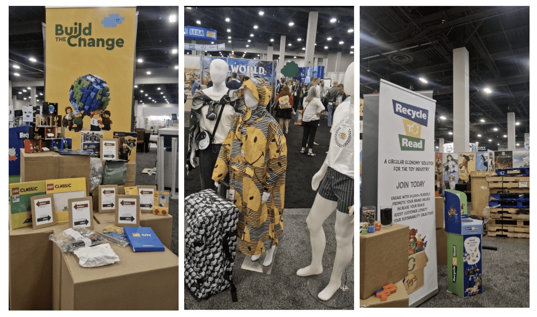 Three images of the POC booth at Licensing Expo featuring LEGO, Smiley, and Wastebuster