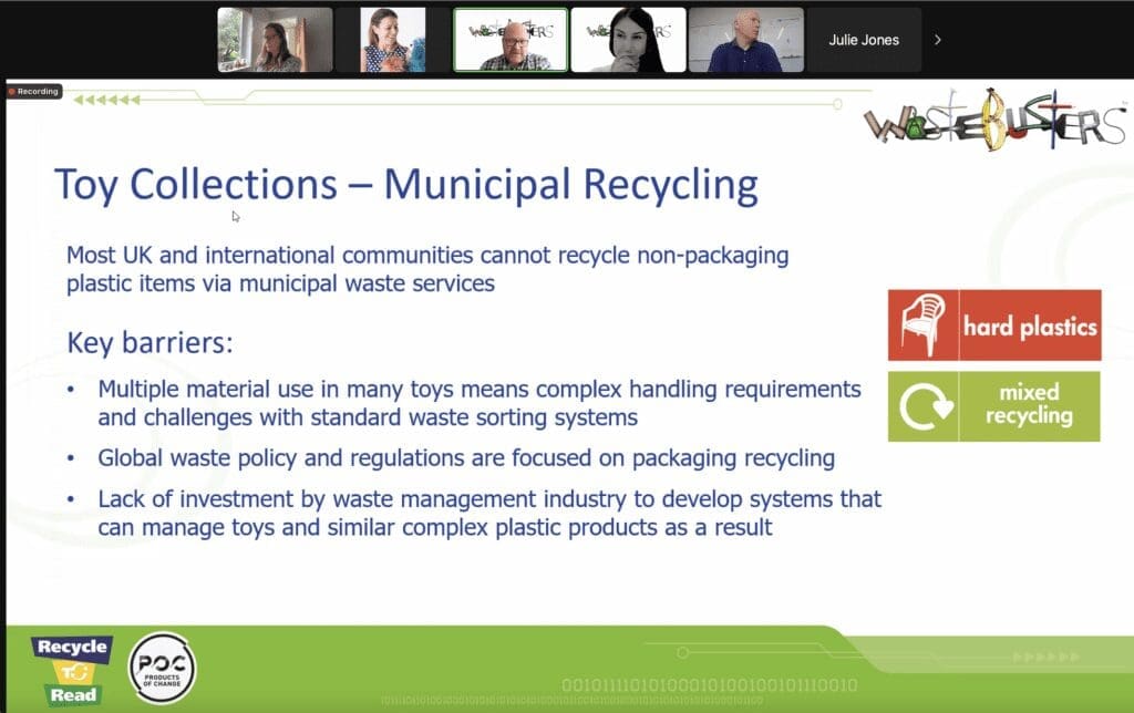 screenshot of Wastebuster's Recycle to Read webinar series on toy recycling