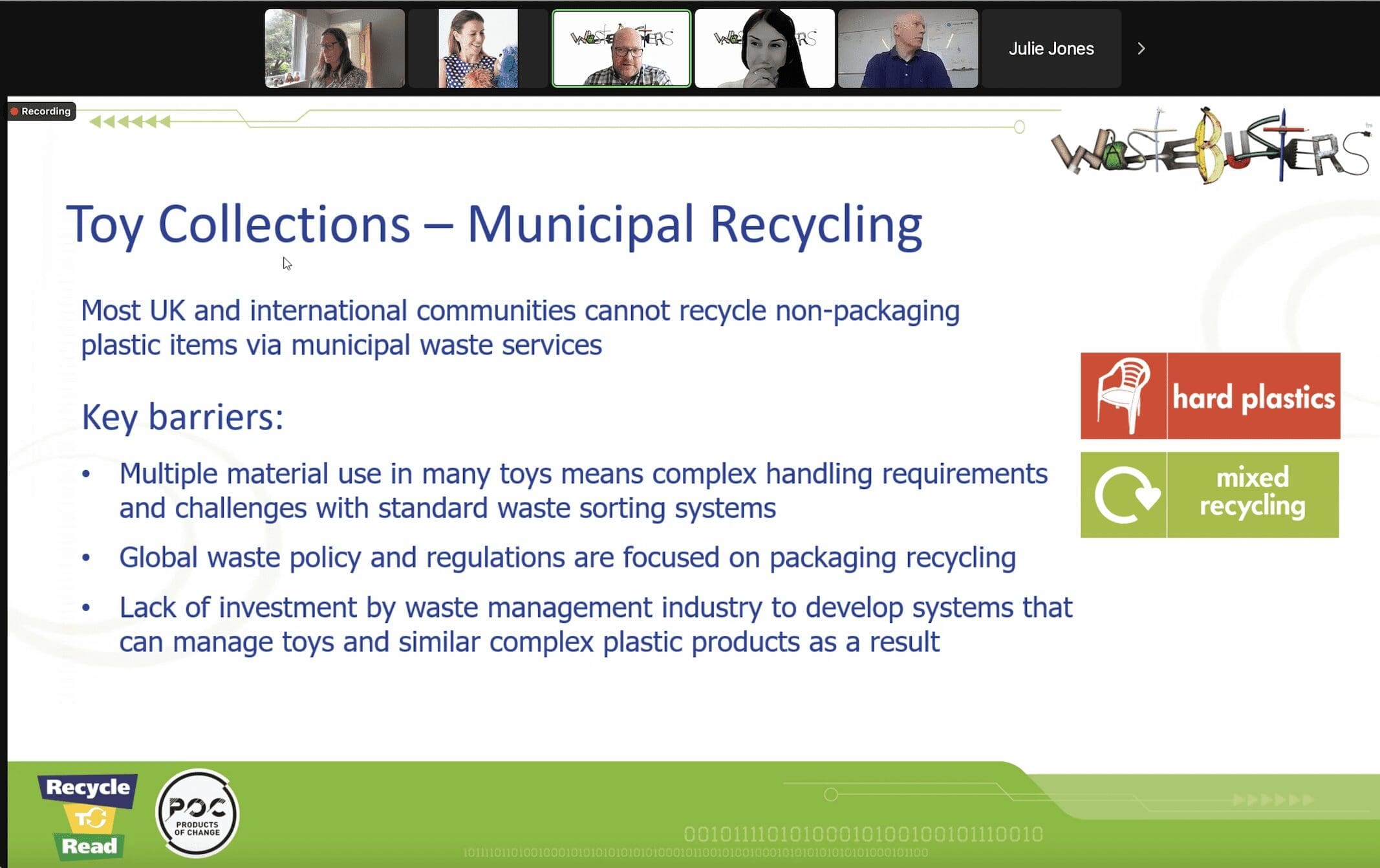screenshot of Wastebuster's Recycle to Read webinar series on toy recycling