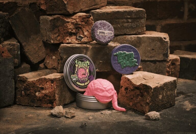 arrangement of Lush bath products all inspired by Teenage Mutant Ninja Turtles.