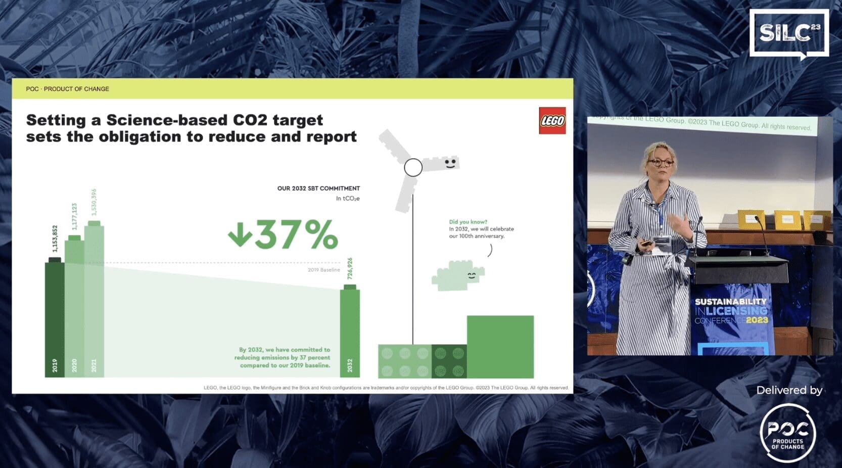 LEGO's Sine Møller stood on the SILC stage, pictured next to her slide show presentation.
