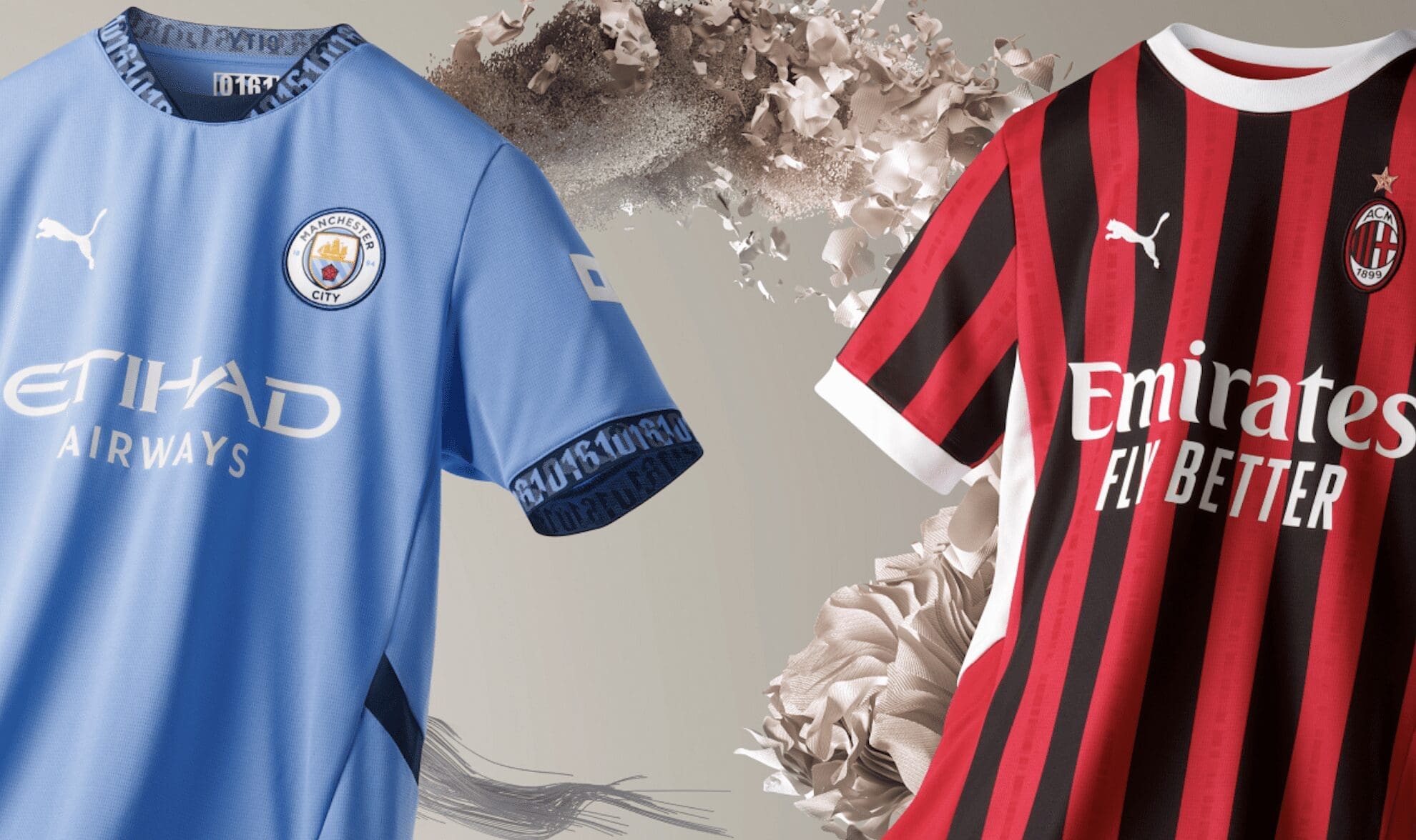 PUMA's Manchester City and AC Milan football replica jerseys pictured next to each other