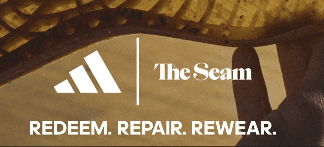 Adidas logo next to The Seam logo laid over a textile image in sepia