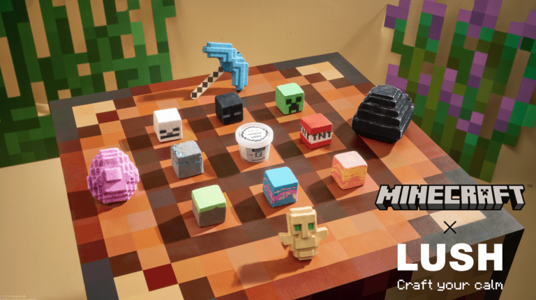 A collection of LUSH bath products adorn a table themed on Minecraft