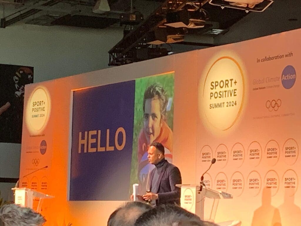 Mihir Warty, CSO World Rugby on stage at Sport Positive 2024