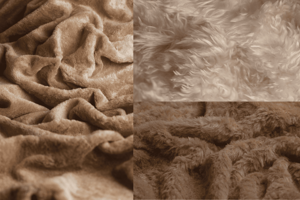 Three samples of plush fabric in neutral shades.