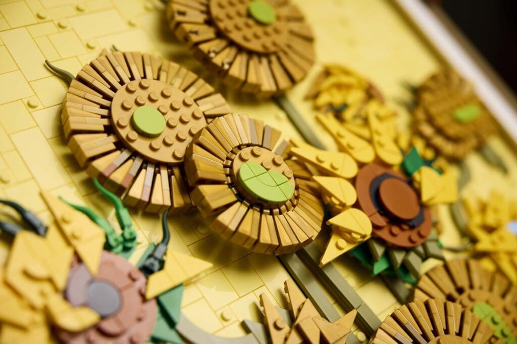 Close up angle of sunflowers made of Lego