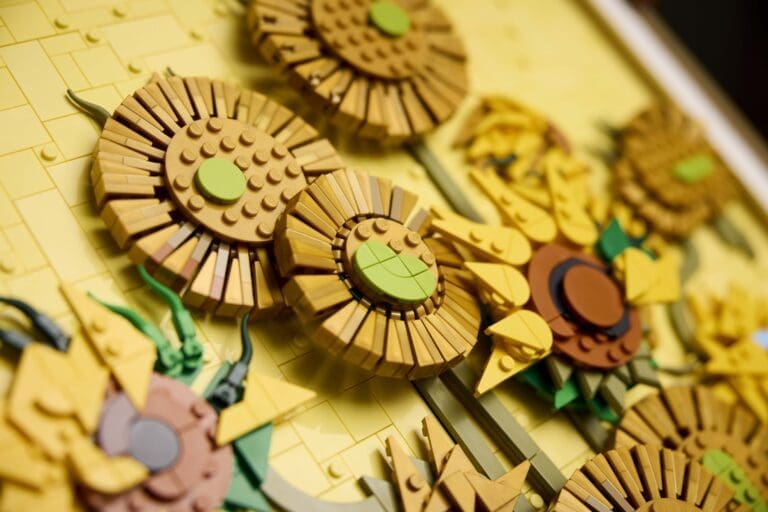 Close up angle of sunflowers made of Lego
