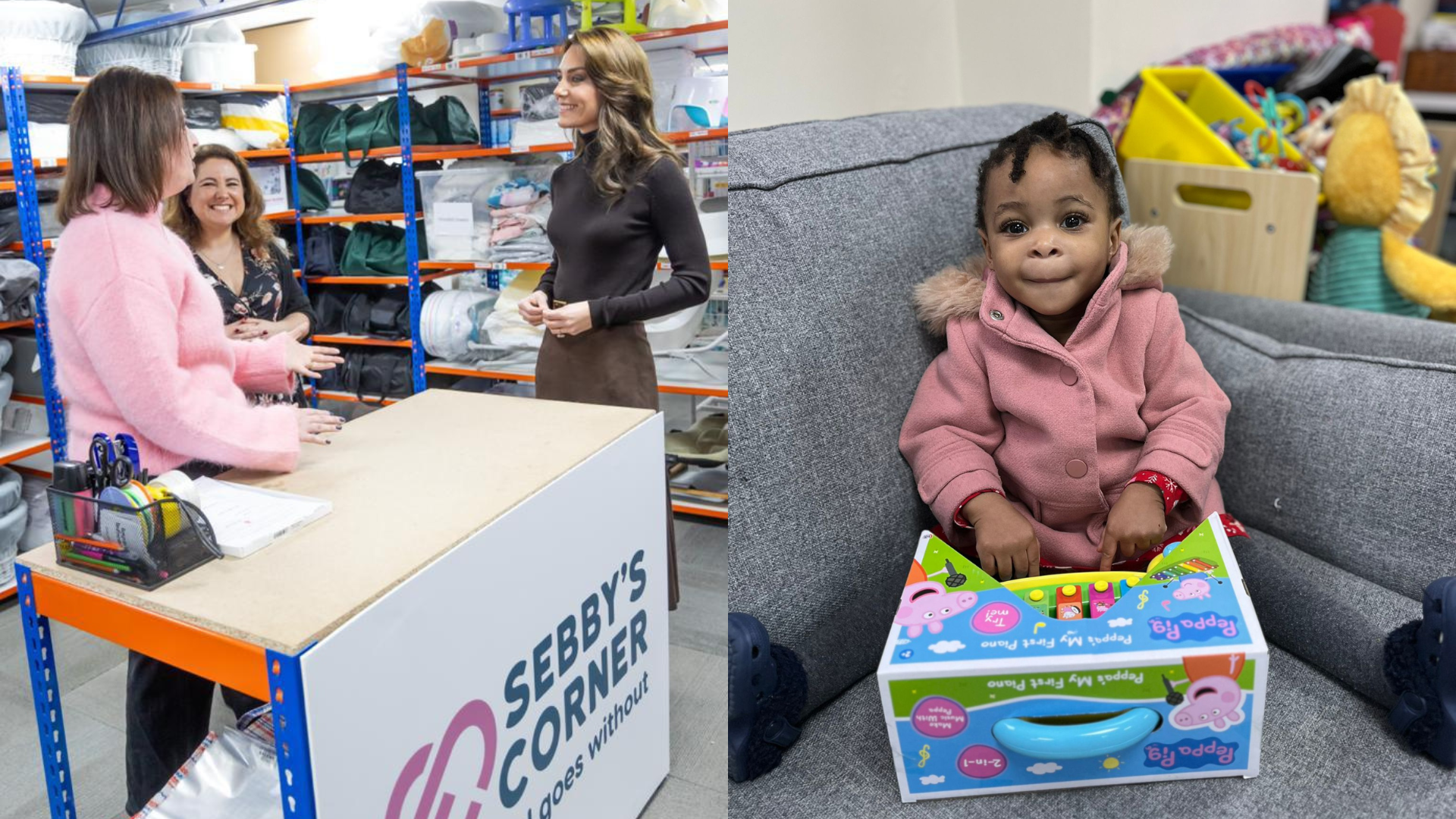 Left: Princess Kate Middleton visits Sebby's Corner. Right: a child holding a toy