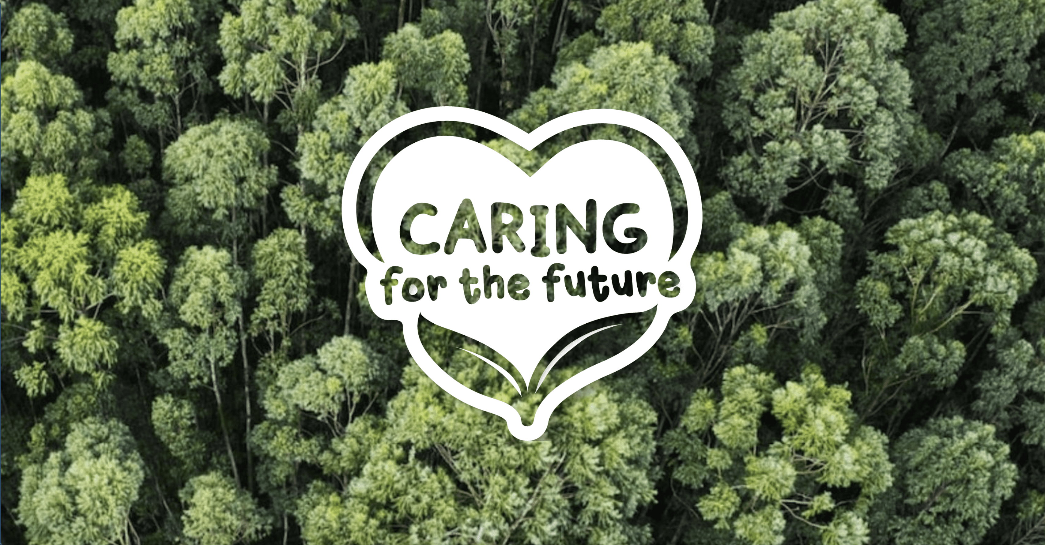 Overhead shot of a forest background with Caring for the Future in white on top