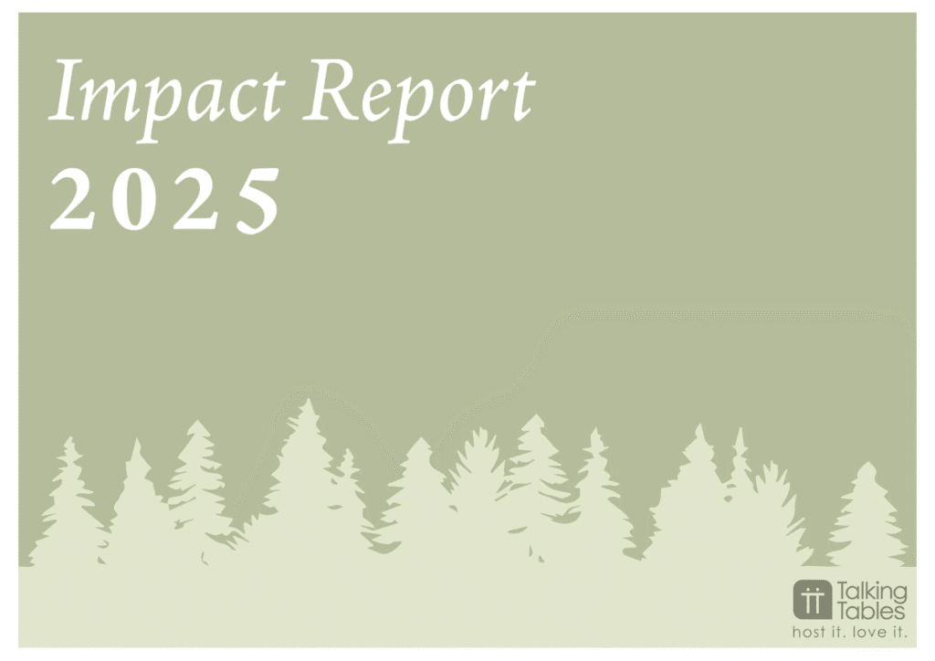 Green page with trees along the bottom and 'Impact Report 2025'