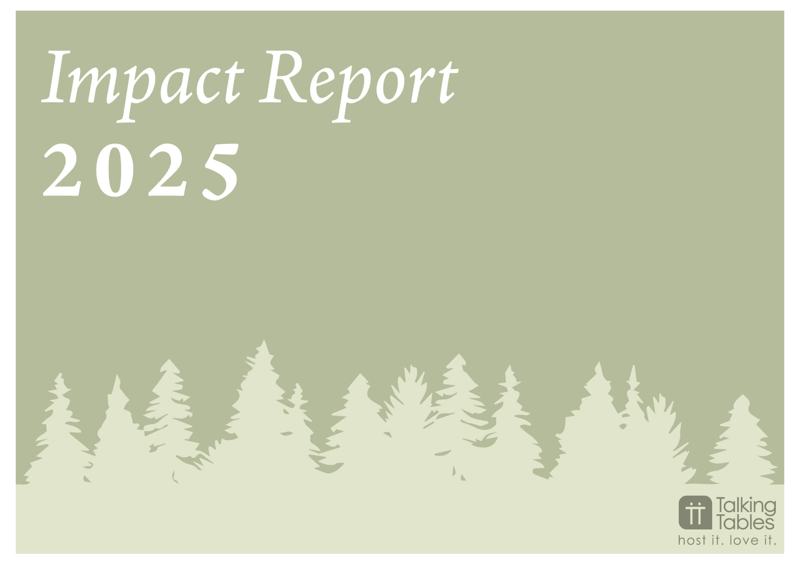 Green page with trees along the bottom and 'Impact Report 2025'